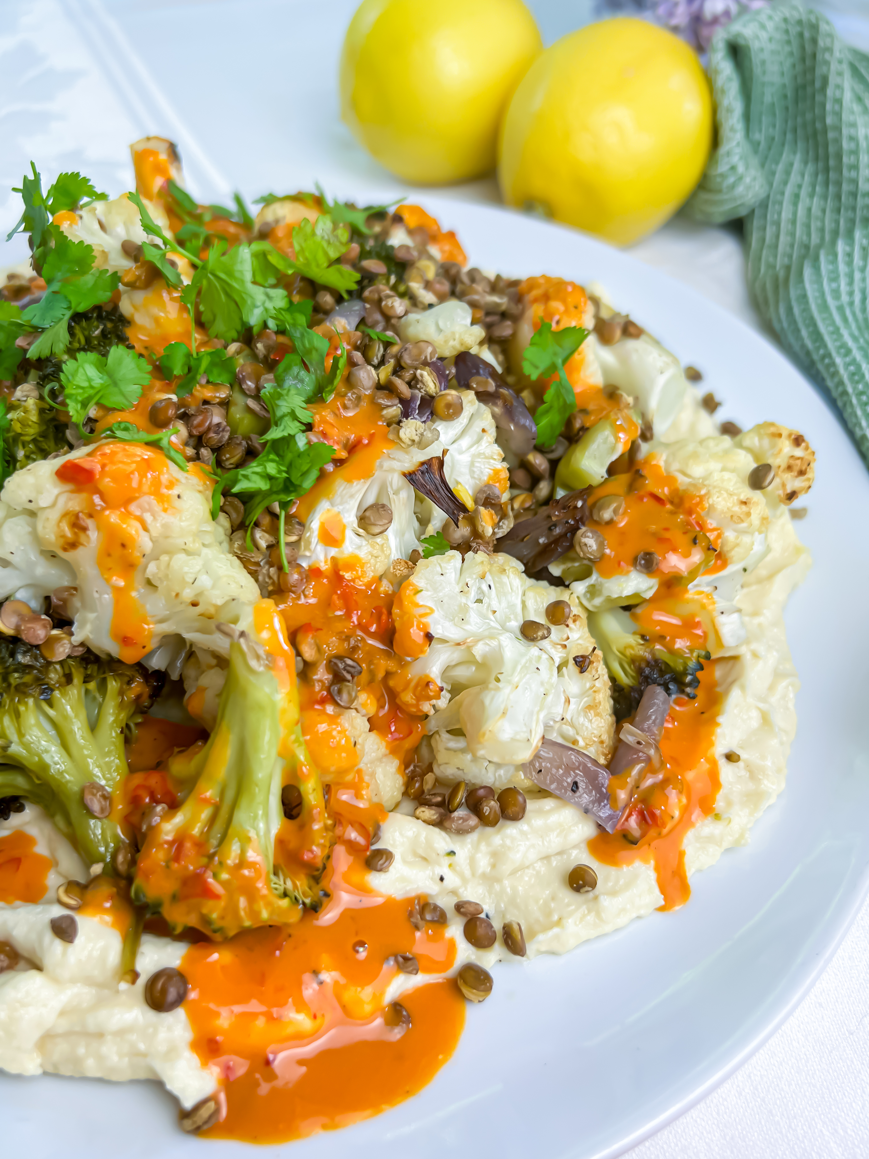 Roasted Veggies on Harissa Hummus with Crispy Lentils (Vegan & Gluten-Free)